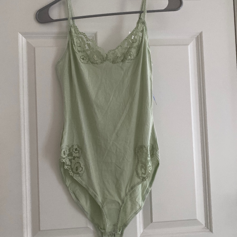 Free people green bodysuit with lace and bead detail